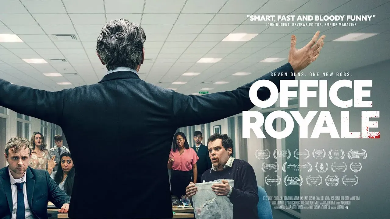 Poster for Office Royale: a man in a suit stands with his arms outstretched in front of his frightened office staff.